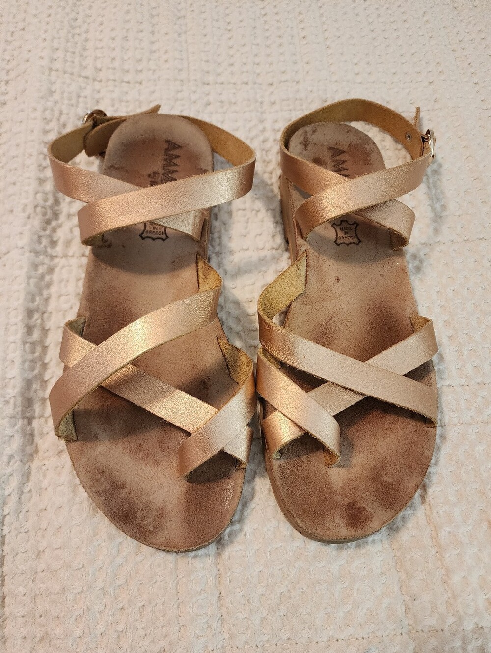 Ammos Greek Strappy Leather Sandals Rose Gold Sz 40/US 9 Ankle Wrap Soft Soles